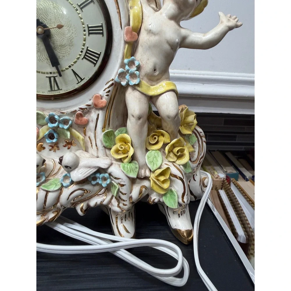 Vintage Lanshire Porcelain Mantel Clock Cherubs Doves‎ Roses Gold Gilt Electric